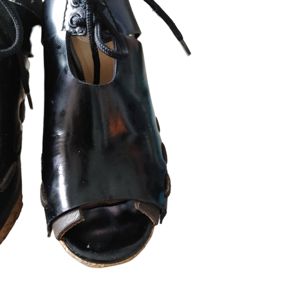 Acne Studios Black Brown Leather Wedge Cork Open Toe Heels - Picture 13 of 17